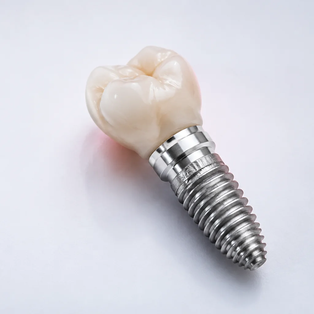 Ilustración de un implante de titanio con una corona dental cerámica