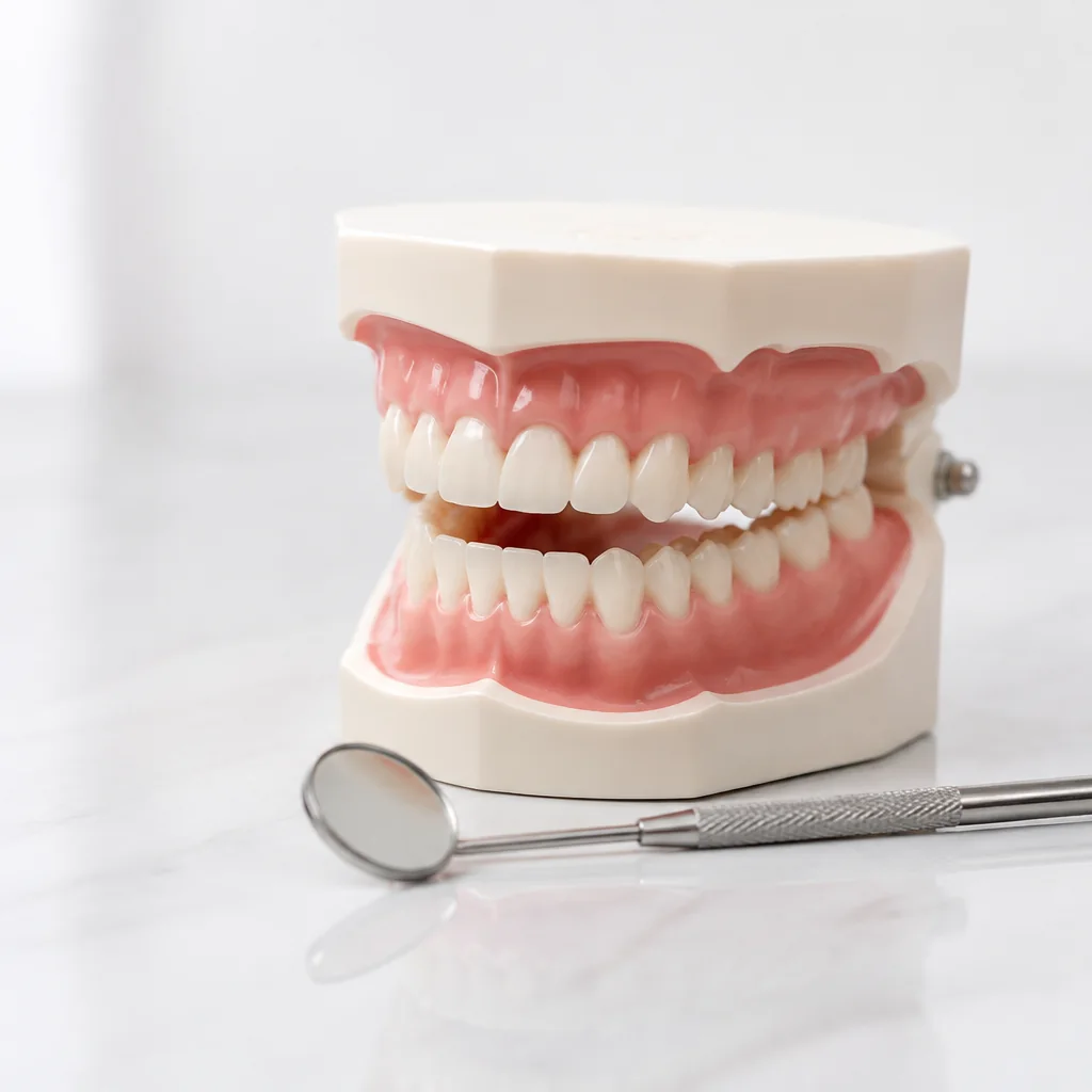 Ilustración de un modelo dental y un espejo de exploración para cuidado preventivo