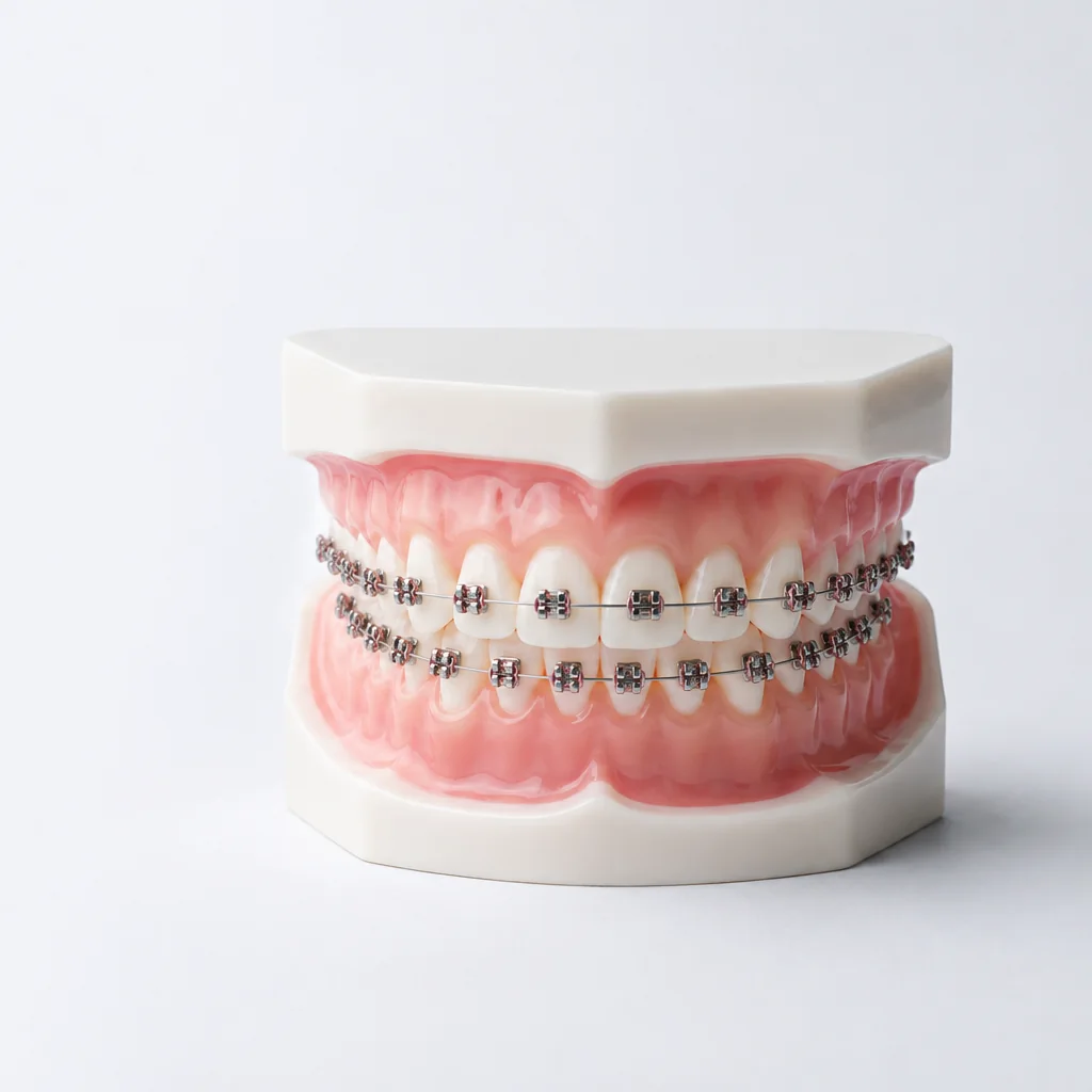 Ilustración de un modelo dental con brackets y arco de ortodoncia