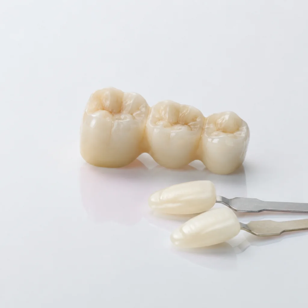 Ilustración de un puente dental cerámico y muestras de color de dientes